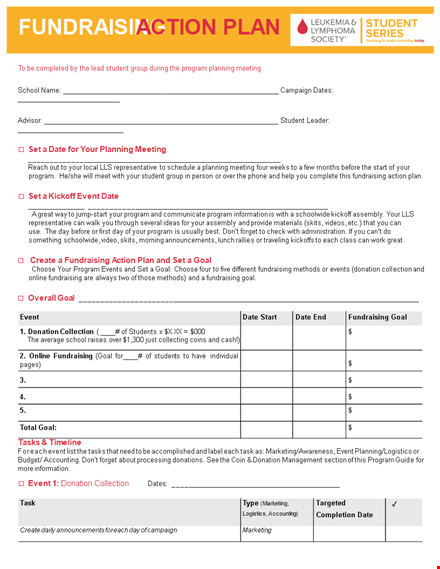 fundraising event action plan | marketing, logistics, event & fundraising template