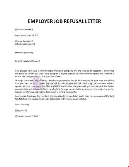 employer job refusal letter template