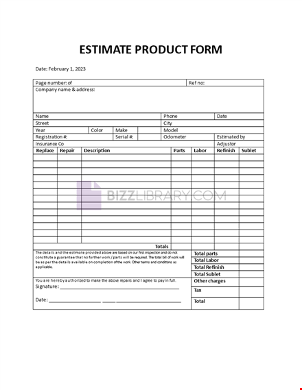 estimate product form template