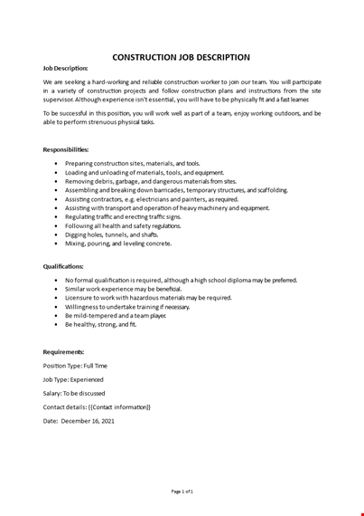 construction job description template