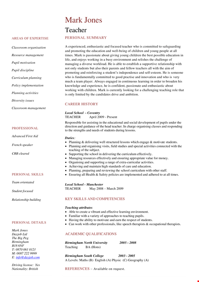 teacher job curriculum vitae template