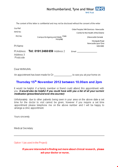hospital appointment letter format template