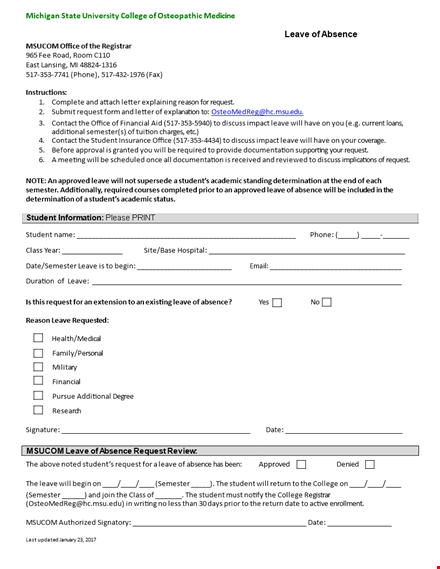 leave of absence template | request student leave | document template