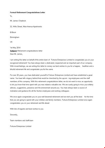 formal retirement congratulations letter template