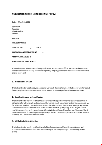 subcontractor lien waiver template