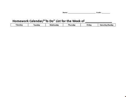 printable weekly homework calendar template