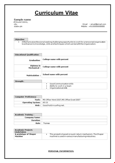 download resume format for mechanical engineer fresher template