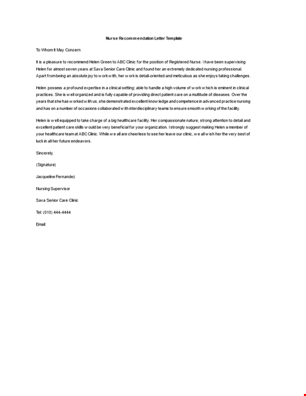 recommendation letter for nursing job template