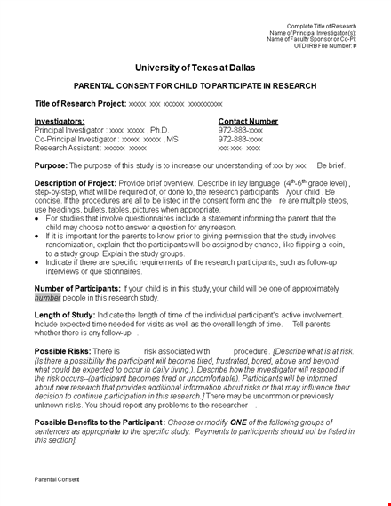 child study and research: parental consent form template template