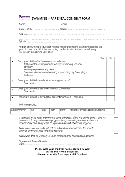 child swimming parental consent form template template