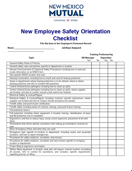 new employee safety orientation checklist - safety training, including specific protection template