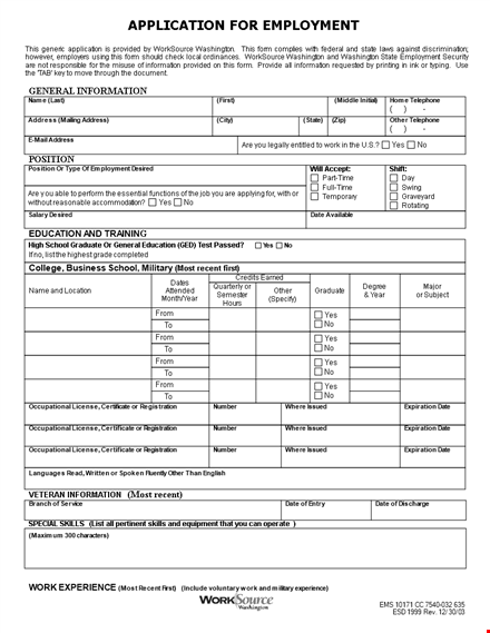 generic employment application template word template