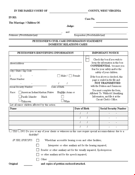 divorce papers template - information for children and petitioner template