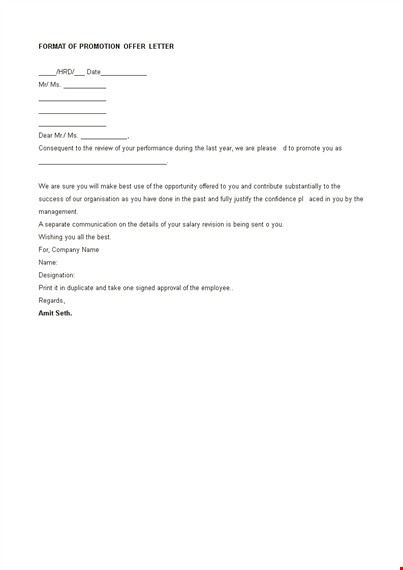 promotion offer letter template - format and sample promotion offer template