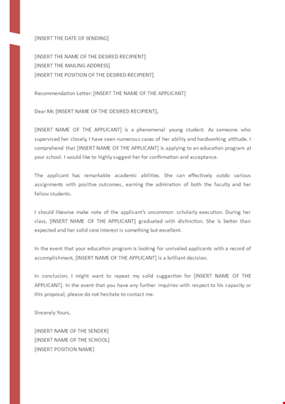 teacher's recommendation letter template for applicant to insert desired recipient template