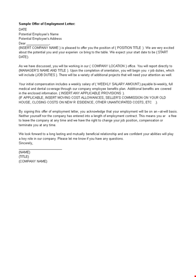 company employment offer letter template
