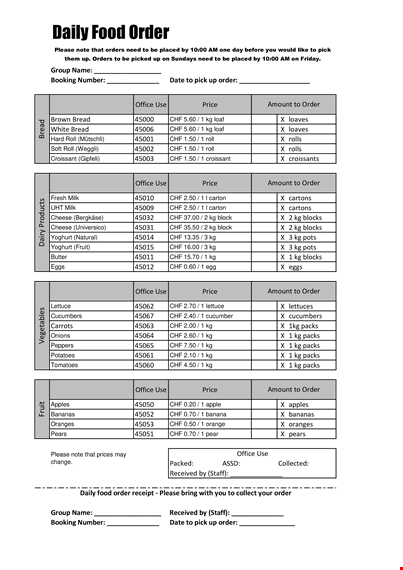 daily food order document example template