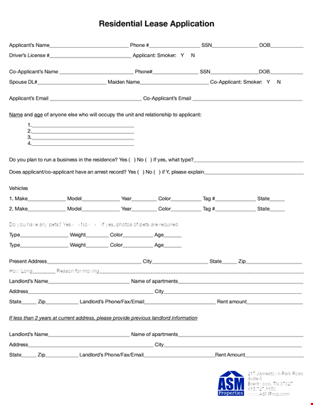 residential lease application form template