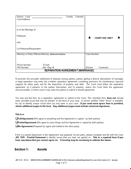 marriage separation agreement template - agreement for party, parties, and petitioner template