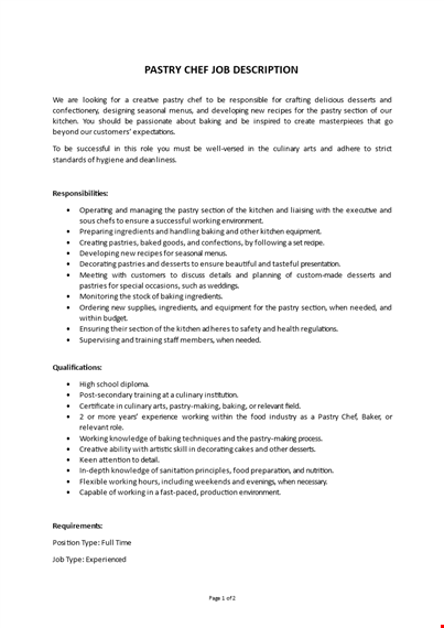 pastry chef job description template