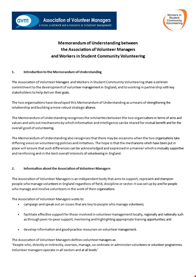 memorandum of understanding template | volunteer & manager agreements template