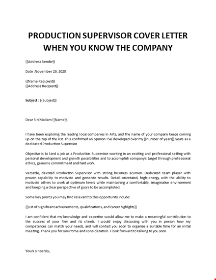 production supervisor cover letter  template