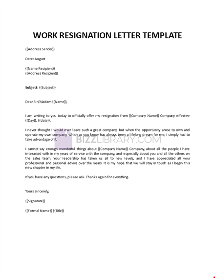 work resignation letter template template