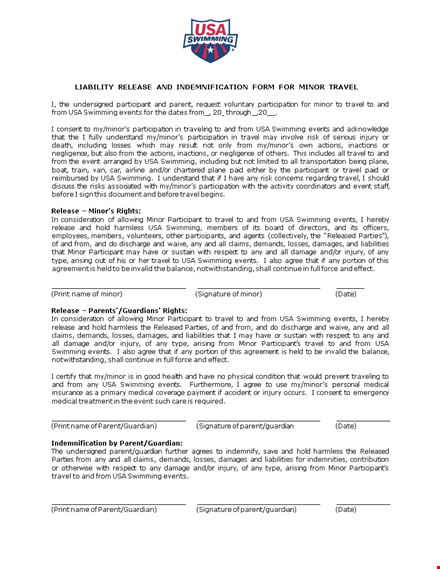 liability release form for minors - travel, swimming and more template