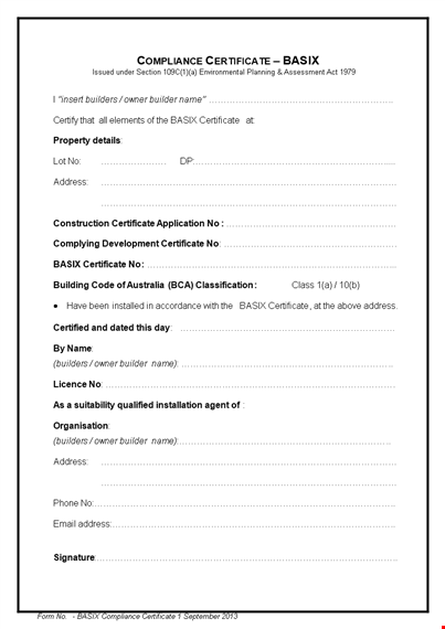 certificate of conformance for builders | address | basix template