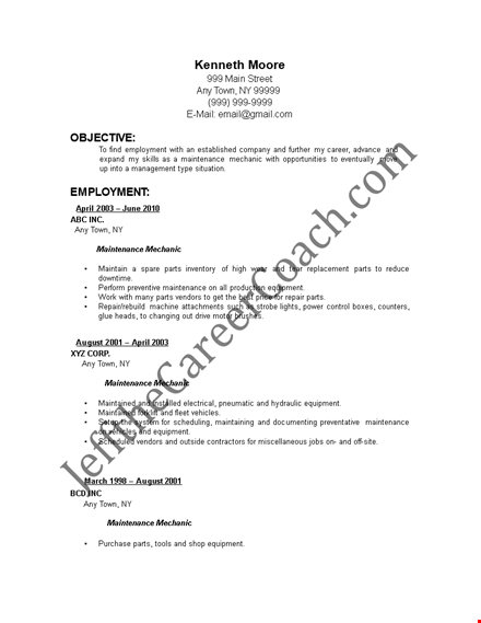 maintenance mechanic resume template