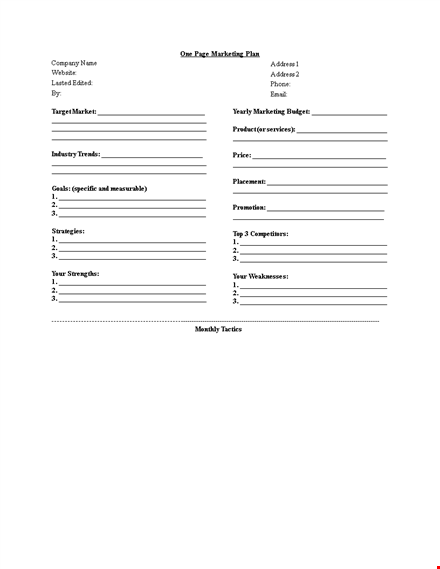 one page marketing strategy or plan template template