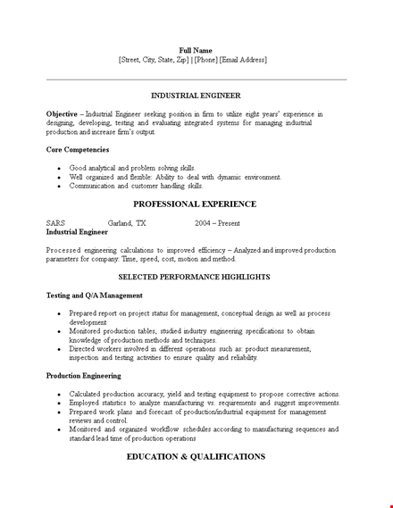industrial engineering resume example template