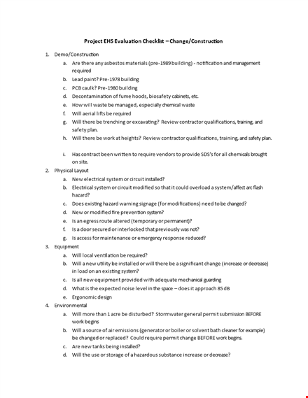 construction project evaluation checklist template