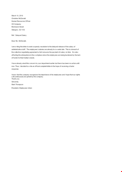 employee complaint letter template - salary delayed | mcdonald's employees | company template