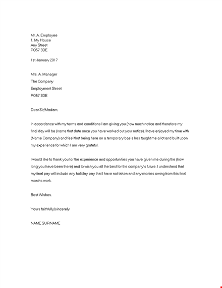 short term employment resignation letter template