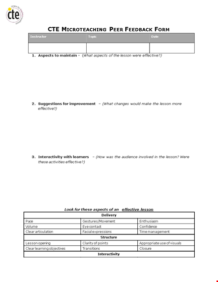 effective microteaching peer feedback form: enhancing activities, lessons, and essential aspects template