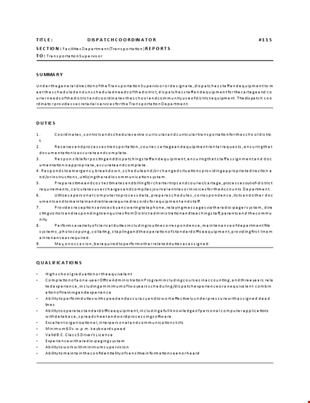 dispatcher coordinator job description - responsibilities and duties template
