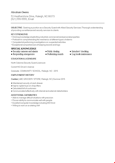 security guard resume for fresher template