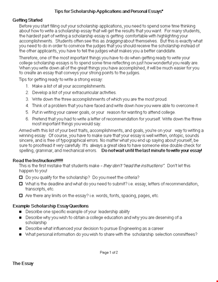 sample personal scholarship essay template