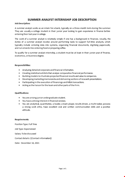 summer analyst internship job description template