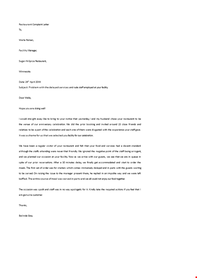 restaurant complaint letter - addressing staff, facility, and celebration at wella restaurant template