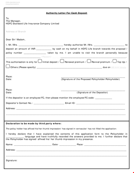 cash deposit authorization letter template
