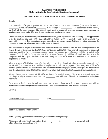 employment appointment offer letter template