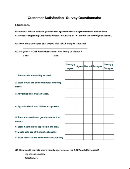 family restaurant questionnaire template | ask the right questions template