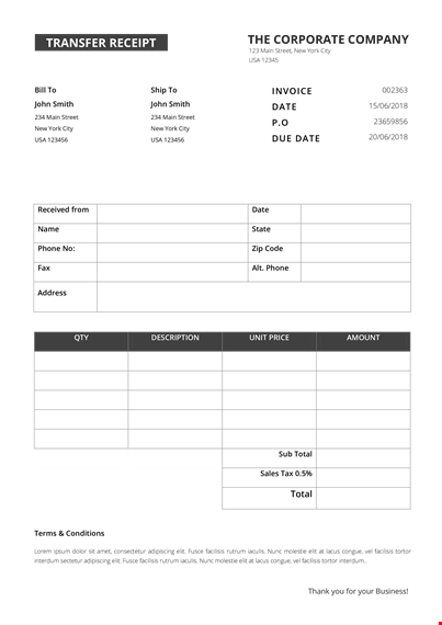 transfer receipt a template