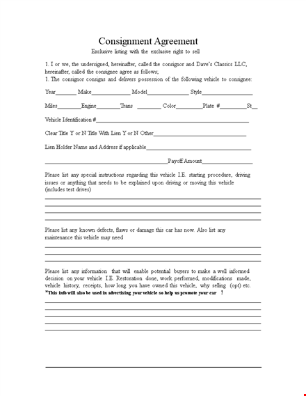 consignment agreement template - vehicle agreement for consignor and consignee template