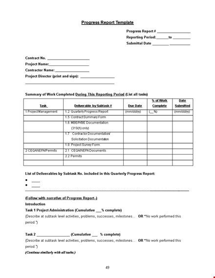 sample progress report template download template