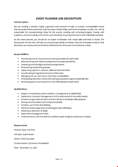 event planner job description template