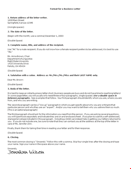 format for a business letter template