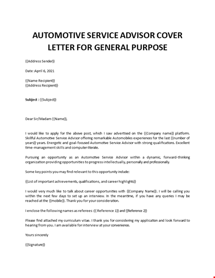 service advisor cover letter  template